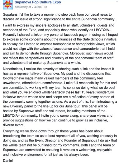 Supanova recent apology