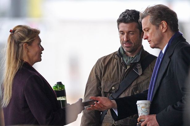 Renee-Zellweger-Patrick-Dempsey-and-Colin-Firth-shooting-scenes-with-a-motorbike-for-the-new-Bridget-Jones-movie